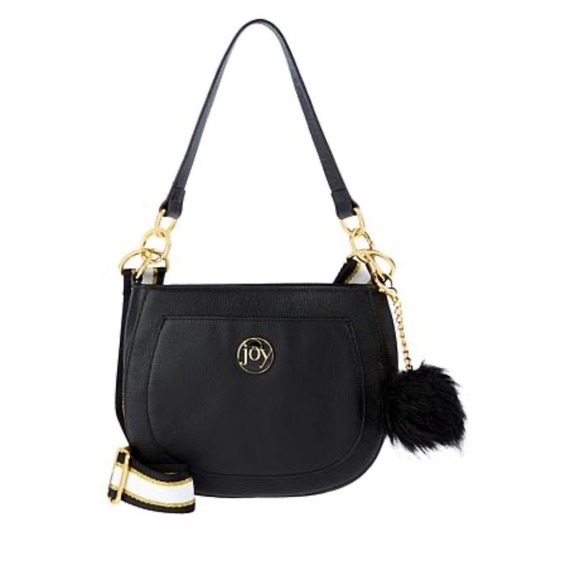 Joy Mangano Handbags - JOY Black Chic Leather Bag with Removable Pompom Plus RFID Tech & Anti-Microbial
